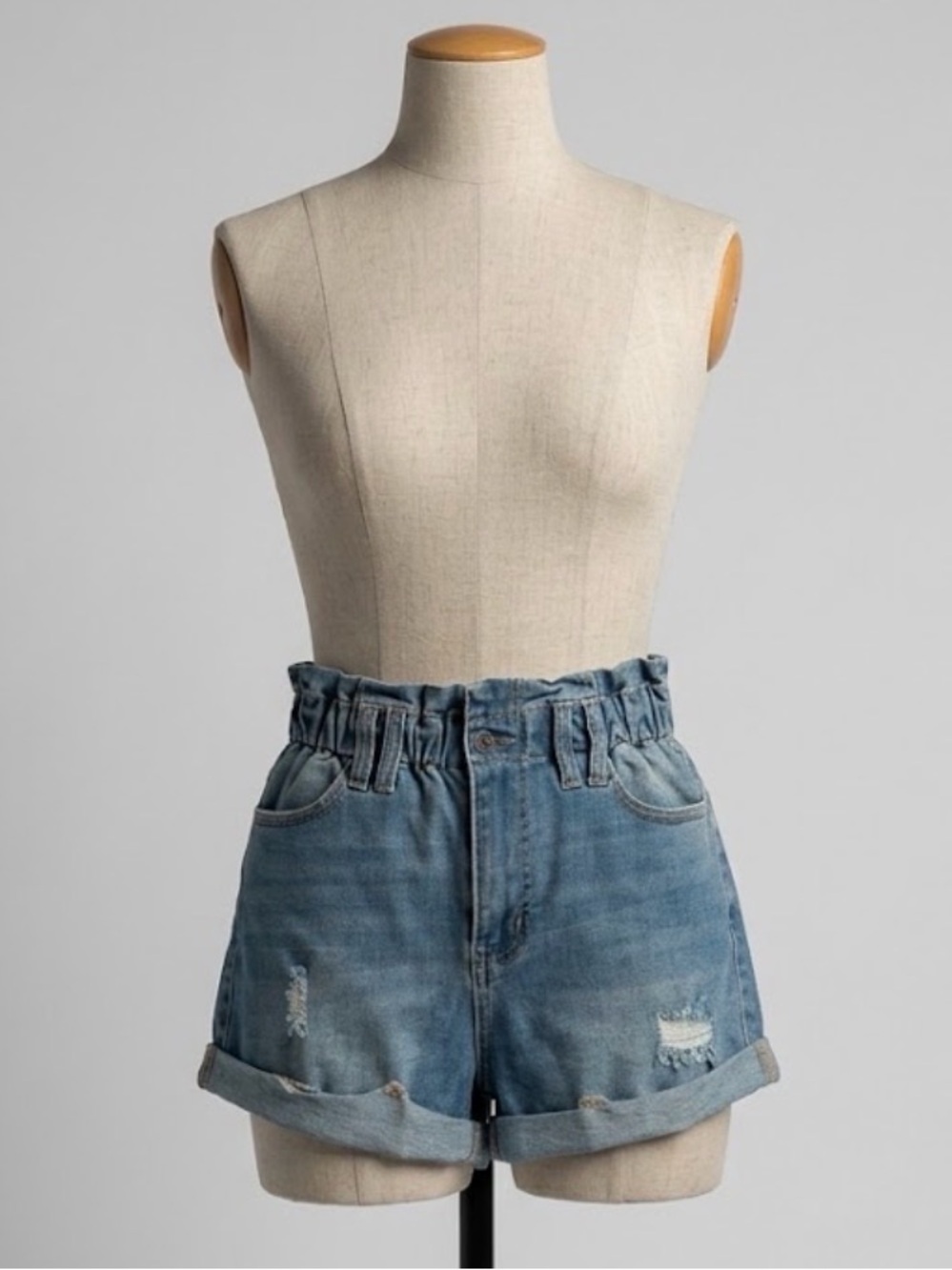High Waisted Paperbag Denim Shorts Cello Small Distressed Light Wash Cuffed Mom